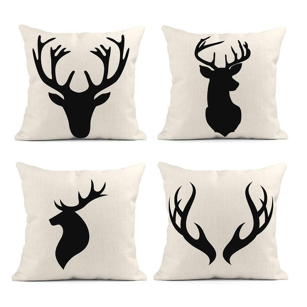 1706 Set of 4 Throw Pillow Covers Stag of Deer Head Silhouette White